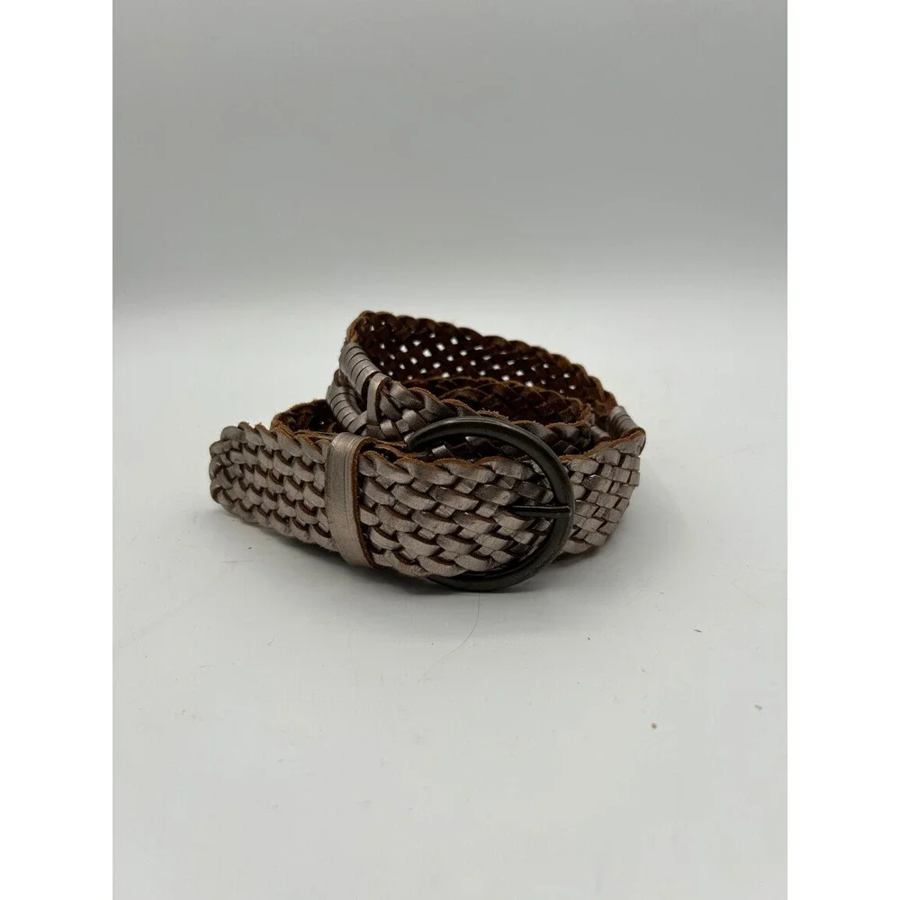 Gap Woven Braided Belt Women Large Silver Metallic Genuine Leather Vintage 2009